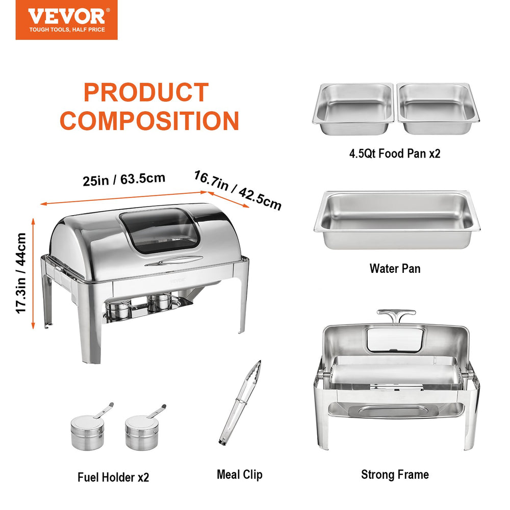VEVOR Rectangle Roll Top Chafing Dish with 8.5L Pan Visual Glass Lid Fuel Holder