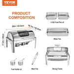 VEVOR Rectangle Roll Top Chafing Dish with 8.5L Pan Visual Glass Lid Fuel Holder
