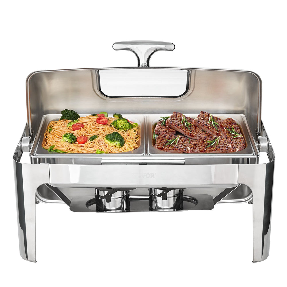 VEVOR Rectangle Roll Top Chafing Dish with 8.5L Pan Visual Glass Lid Fuel Holder