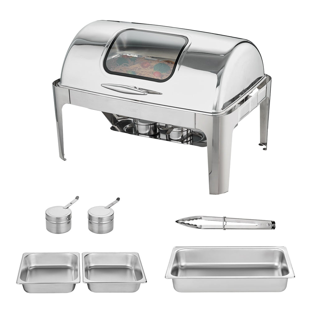 VEVOR Rectangle Roll Top Chafing Dish with 8.5L Pan Visual Glass Lid Fuel Holder