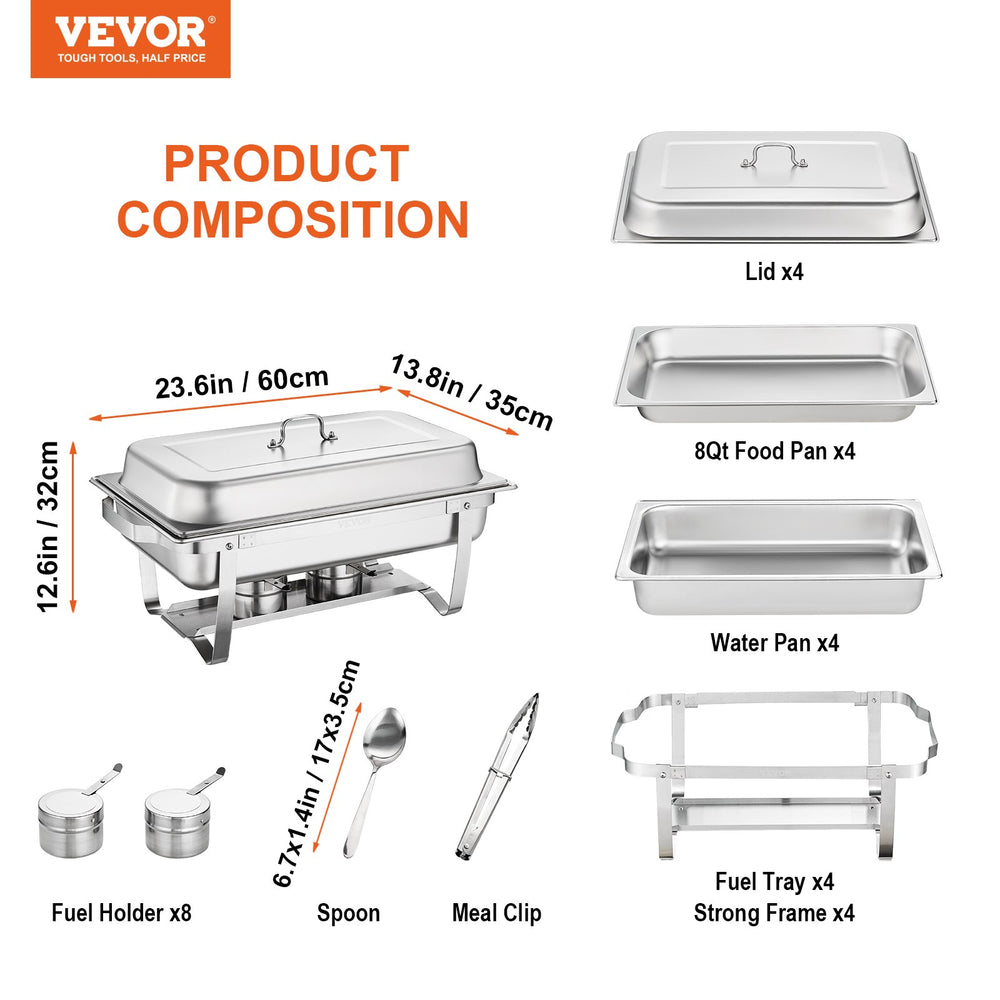 VEVOR 4-Pack Rectangle Chafing Dish Set with Full-Size 7.6L Pan Frame Fuel Holder
