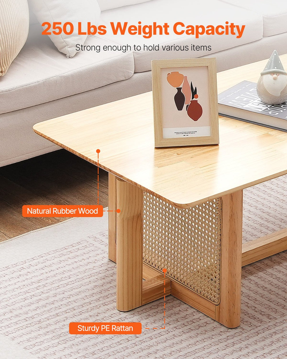 VEVOR Rattan Coffee Table, Rectangle Rattan Woven Wood Coffee Table with Rubber Wood Top, 47-Inch Modern Boho Storage Coffee Table with Natural Wood Legs, for Living Room, Bedroom & Small Spaces