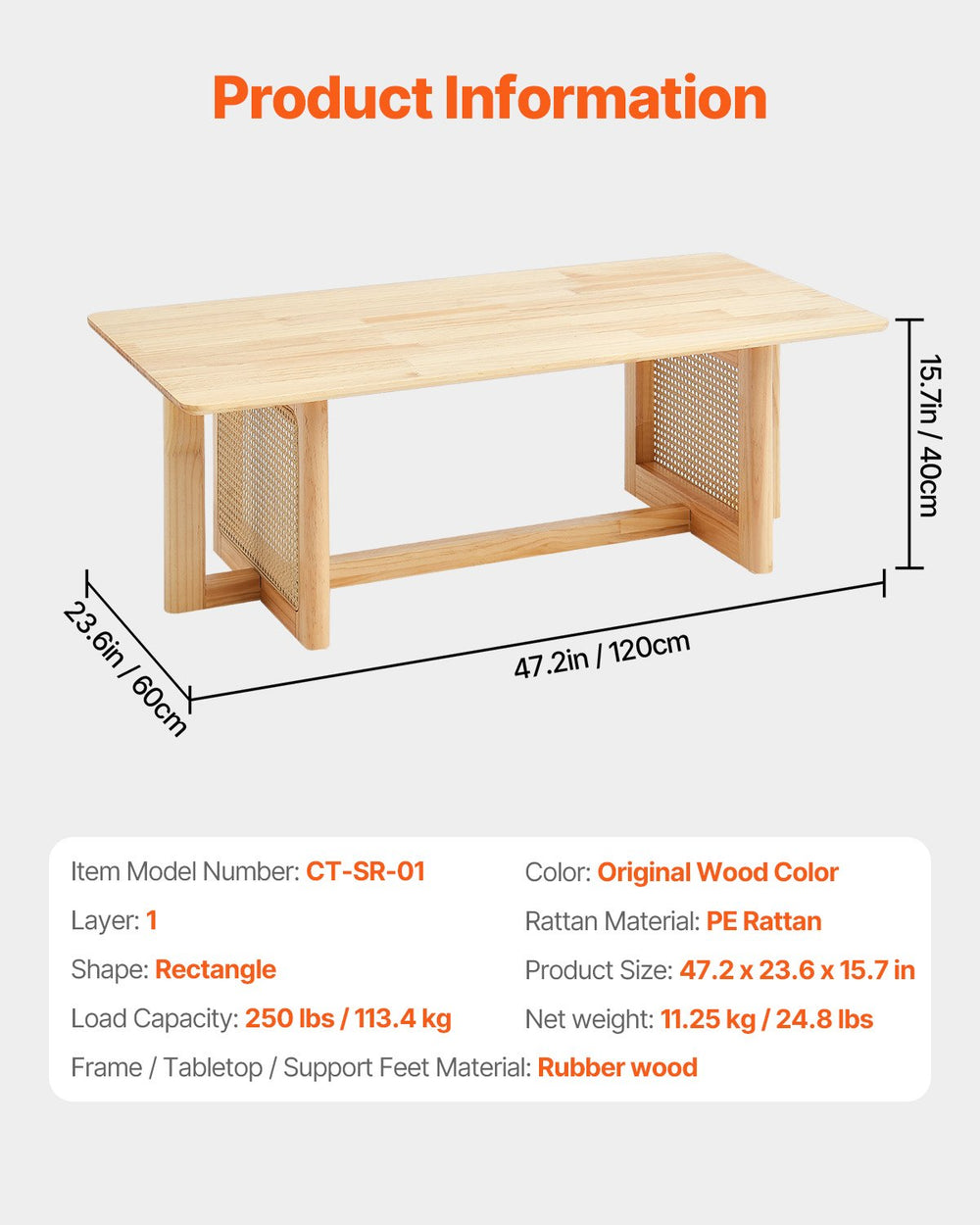 VEVOR Rattan Coffee Table, Rectangle Rattan Woven Wood Coffee Table with Rubber Wood Top, 47-Inch Modern Boho Storage Coffee Table with Natural Wood Legs, for Living Room, Bedroom & Small Spaces