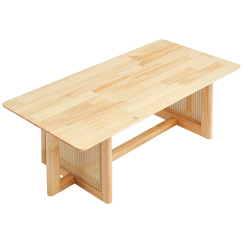 VEVOR Rattan Coffee Table, Rectangle Rattan Woven Wood Coffee Table with Rubber Wood Top, 47-Inch Modern Boho Storage Coffee Table with Natural Wood Legs, for Living Room, Bedroom & Small Spaces