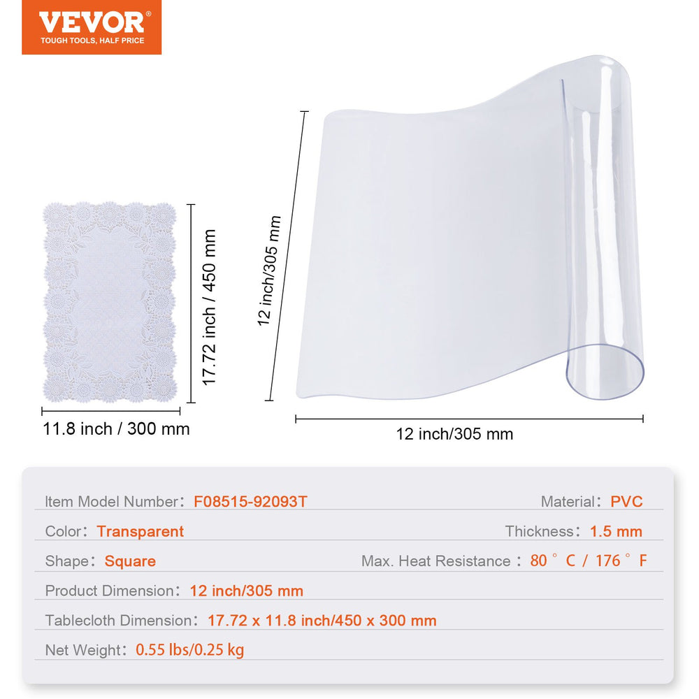 VEVOR Clear Table Cover Protector, 12" x12"/305 x 305 mm Table Cover, 1.5 mm Thick PVC Plastic Tablecloth, Waterproof Desktop Protector for Writing Desk, Coffee Table, Dining Room Table