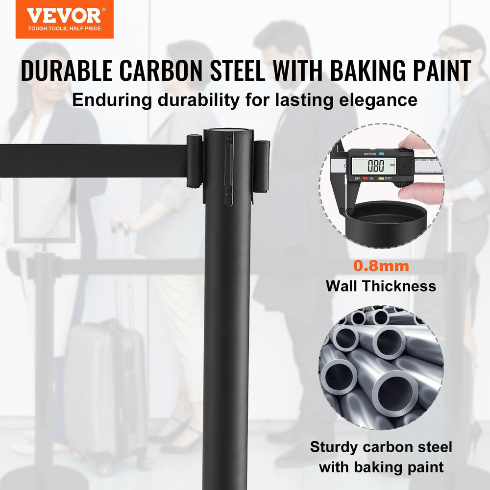 VEVOR Crowd Control Stanchions, 6-Pack Crowd Control Barriers, Carbon Steel Baking Painted Stanchion Queue Post with Sign Holder & 3PCS 6.5FT Retractable Belt, Belt Barrier Line Divider, Easy Assembly