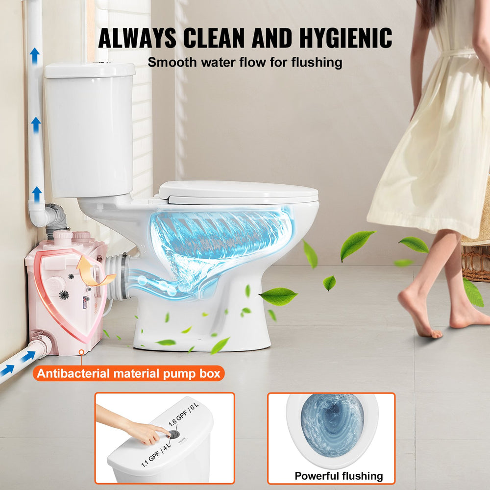 VEVOR Macerating Toilet System with Powerful 800W Macerator Pump, Rear Discharge and Upflush Toilet For Basement, Dual Flush Water Disposal, Macerating Toilet System Kit with 4-Inlet, Space Saving