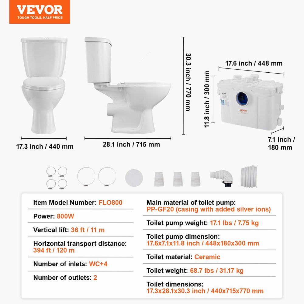 VEVOR Macerating Toilet System with Powerful 800W Macerator Pump, Rear Discharge and Upflush Toilet For Basement, Dual Flush Water Disposal, Macerating Toilet System Kit with 4-Inlet, Space Saving