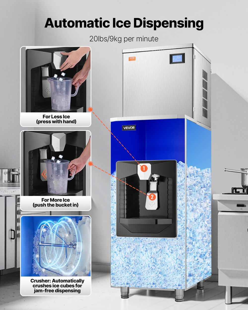 VEVOR Commercial Ice Maker, 400 Lbs/Day Ice Maker Machine, 180 Lbs Large Ice Storage Bin with 20 Lbs/Min Automatic Ice Dispensing, Self-Cleaning Ice Machine with Touchscreen for Bar, Cafe, Restaurant
