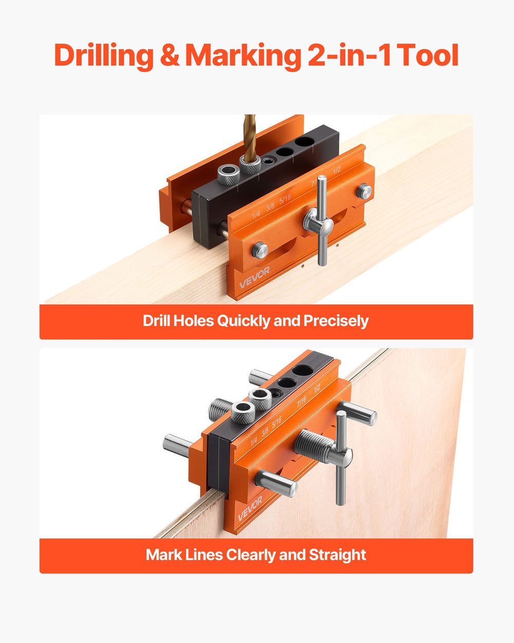 VEVOR Doweling Jig Kit, Self Centering Dowel Drill Jig for Straight Holes, Aluminum Alloy Woodworking Tools with 6 Drill Guide Bushings, Adjustable Width, for Wood Working, Drilling and Marking