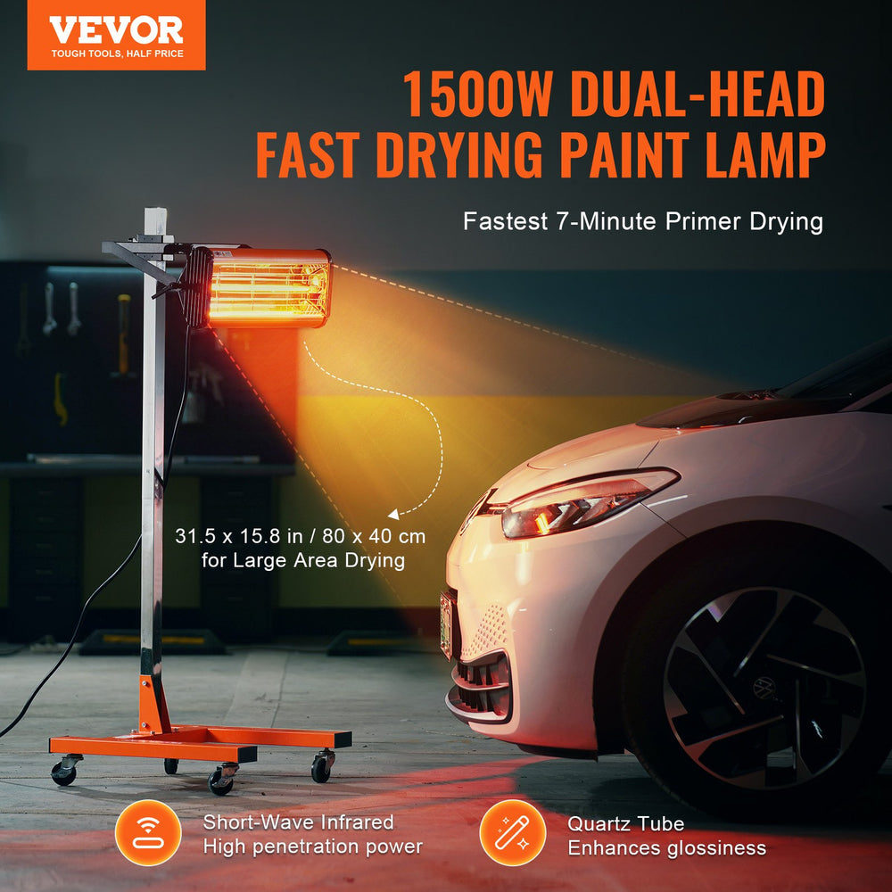 VEVOR Infrared Curing Lamp, 1500W 1-60 min Timing, Auto Heating Car Curing Light with Bracket, 3.44 sq.ft Baking Area Spray Baking Booth Heaters, Paint Dryer for On-Site Repair, Engine Drying