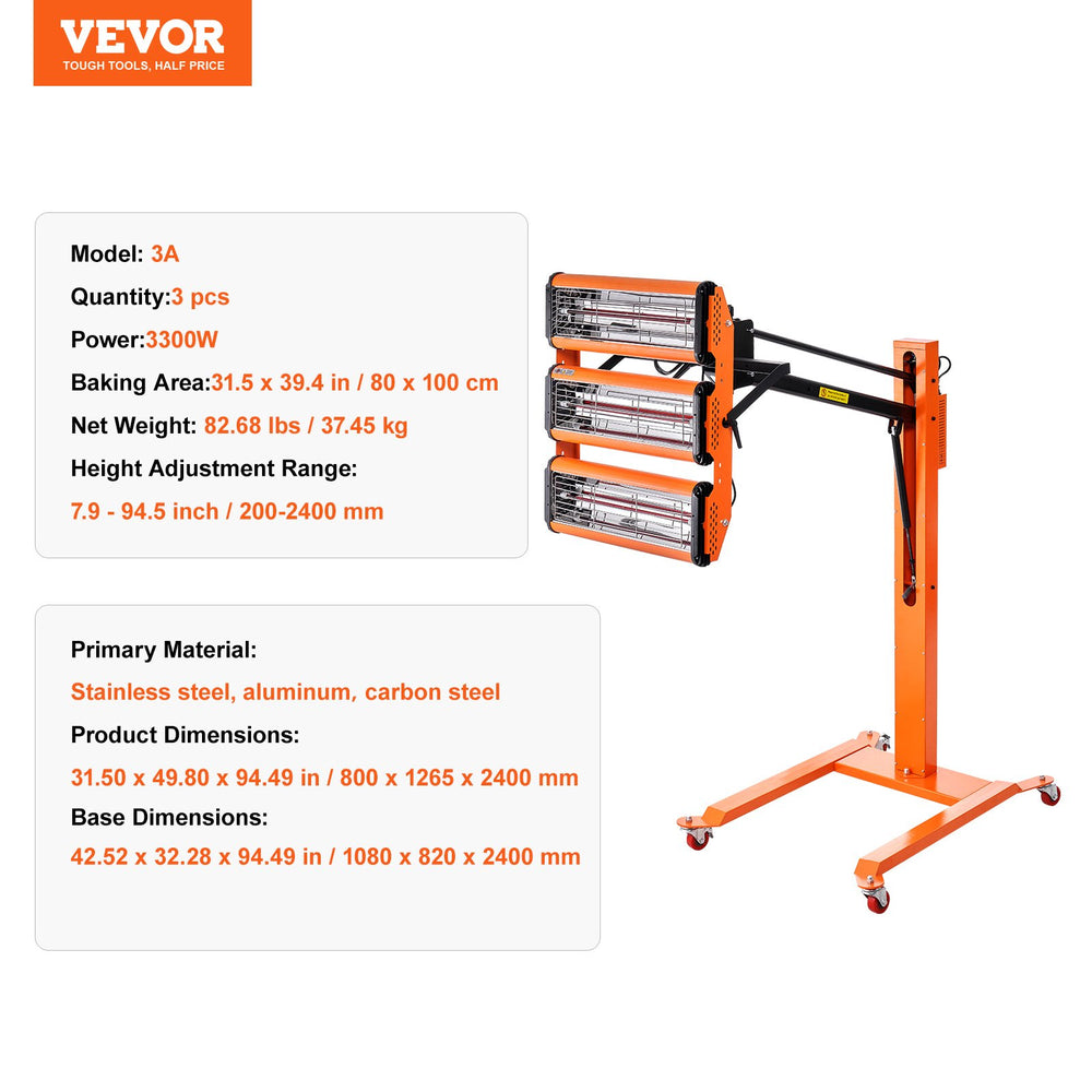 VEVOR Infrared Curing Lamp, 3300W 1-60 min Timing, Auto Heating Car Curing Light with Bracket, 8.61 sq.ft Baking Area Spray Baking Booth Heaters, Paint Dryer for On-Site Repair, Engine Drying 1 Pack