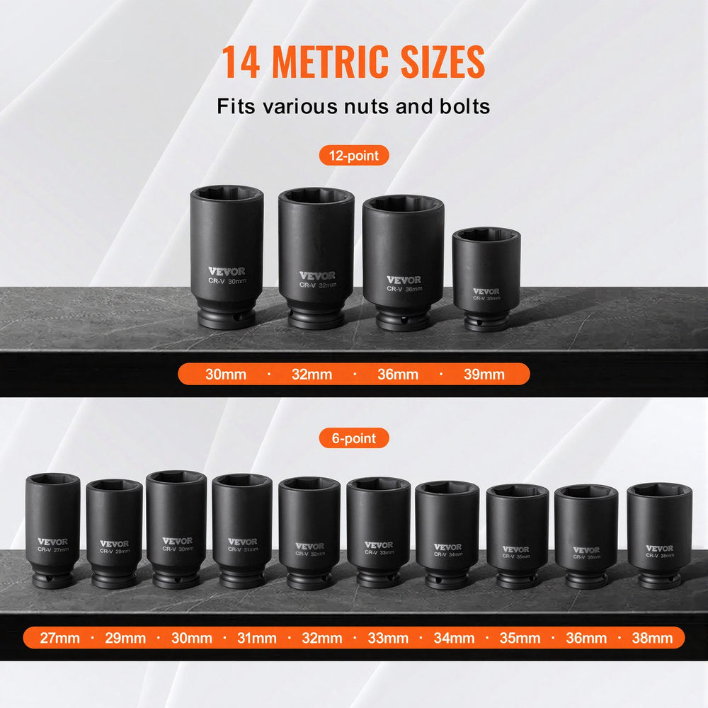 VEVOR Axle Nut Impact Socket Set, 1/2" Drive Deep 6+12-Point 14-Piece Metric Spindle Nut Socket Set, CR-V Heat Treated Large Socket Set with Storage Case, Auto Repair, Removing or Installing Axle Nuts
