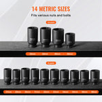 VEVOR Axle Nut Impact Socket Set, 1/2" Drive Deep 6+12-Point 14-Piece Metric Spindle Nut Socket Set, CR-V Heat Treated Large Socket Set with Storage Case, Auto Repair, Removing or Installing Axle Nuts