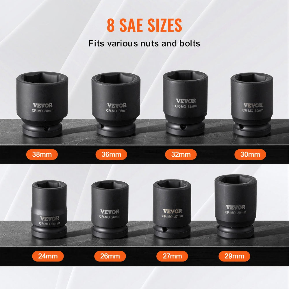 VEVOR Axle Nut Impact Socket Set, 3/4" Drive 6-Point 8-Piece Metric Spindle Nut Socket Set, CR-MO Heat Treated Large Socket Set with Storage Case, for Auto Repair, Removing or Installing Axle Nuts