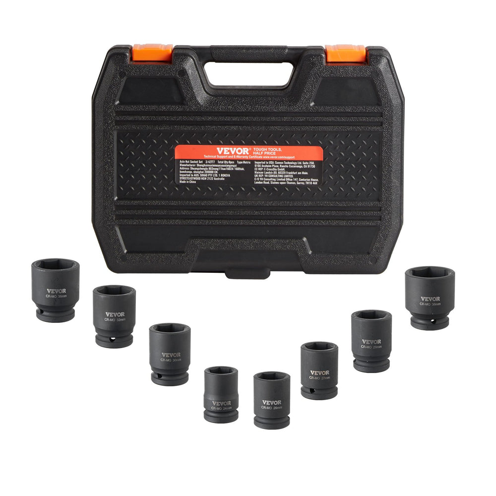 VEVOR Axle Nut Impact Socket Set, 3/4" Drive 6-Point 8-Piece Metric Spindle Nut Socket Set, CR-MO Heat Treated Large Socket Set with Storage Case, for Auto Repair, Removing or Installing Axle Nuts