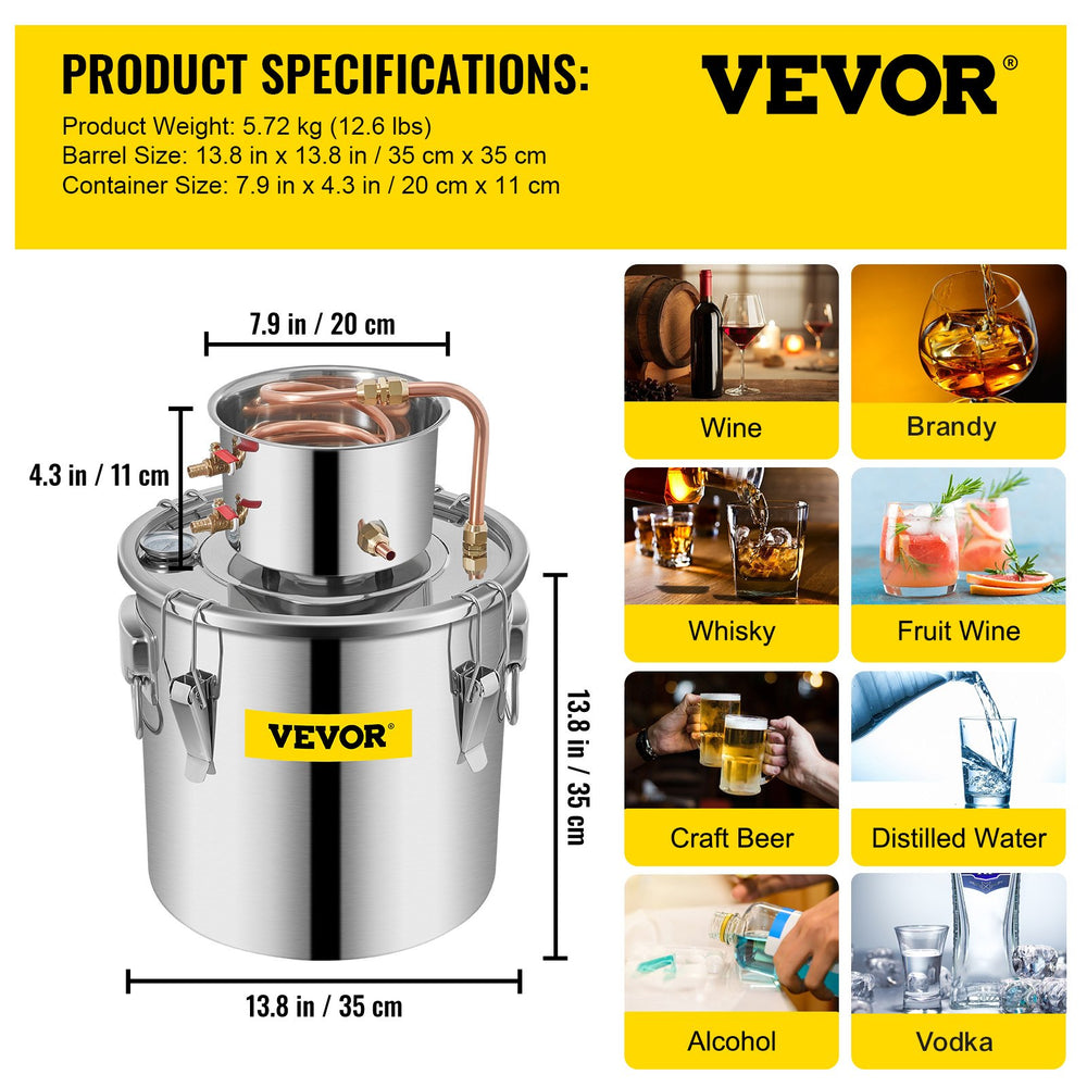 VEVOR Still Distillery Kit 36.3 L Essential Oil Distilling Kit w/ Water Pump