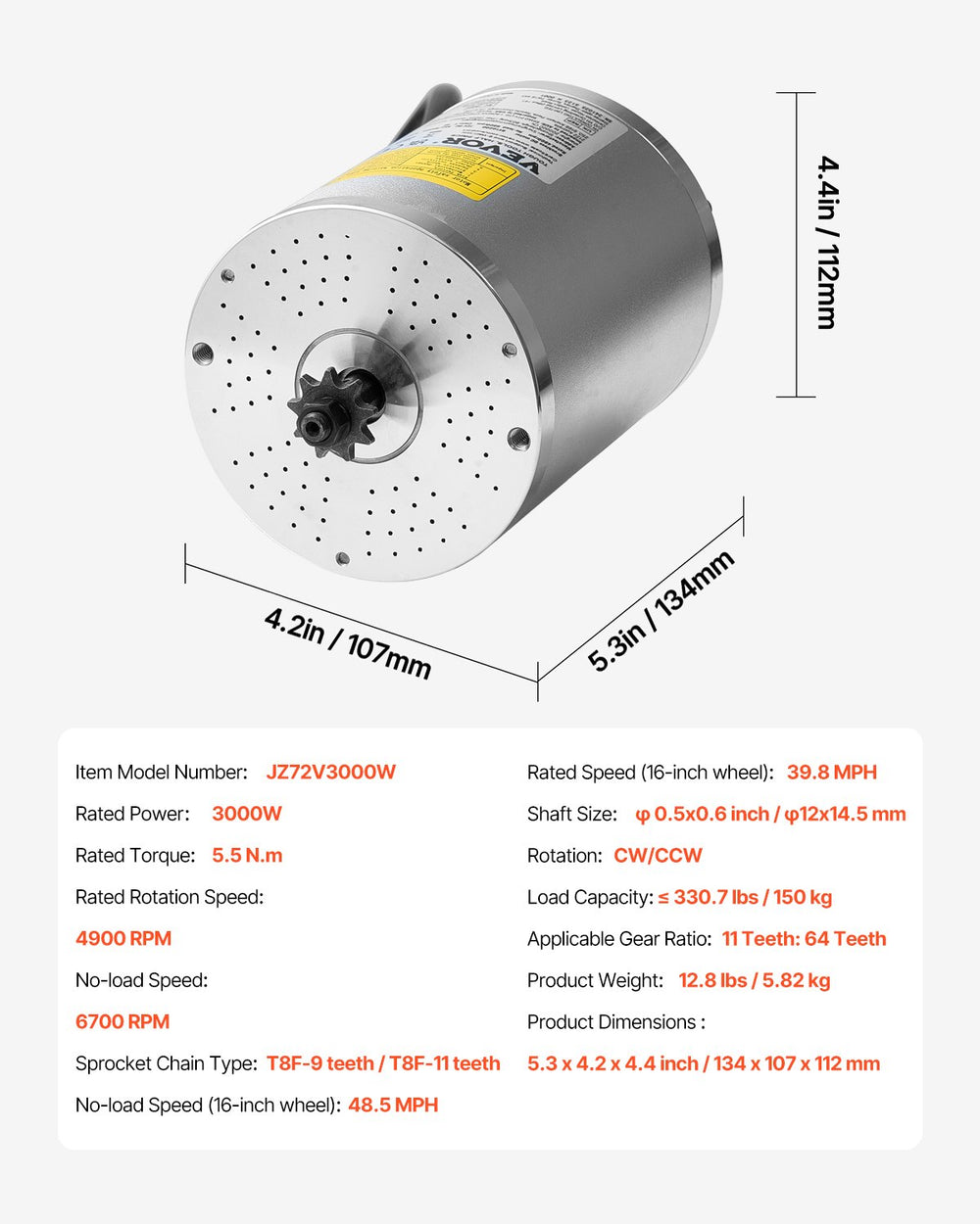 VEVOR 3000W Electric Brushless DC Motor Kit - 72V 4900rpm Motor with Upgraded Speed Controller for Go Karts E-Bike Motorcycle Scooter