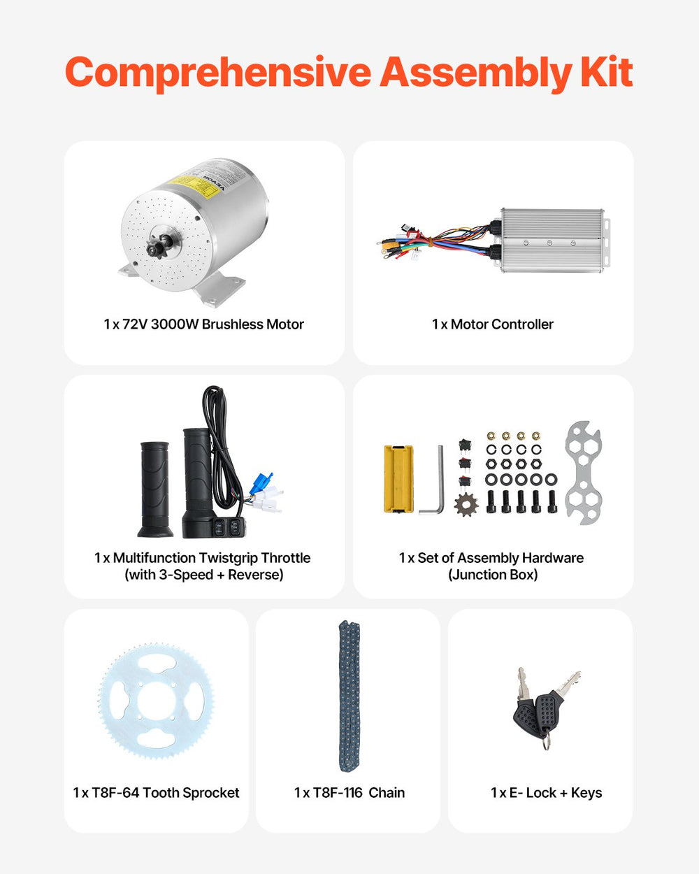 VEVOR 3000W Electric Brushless DC Motor Kit - 72V 4900rpm Motor with Upgraded Speed Controller and Throttle Grip Kit for Go Karts E-Bike Motorcycle Scooter DIY