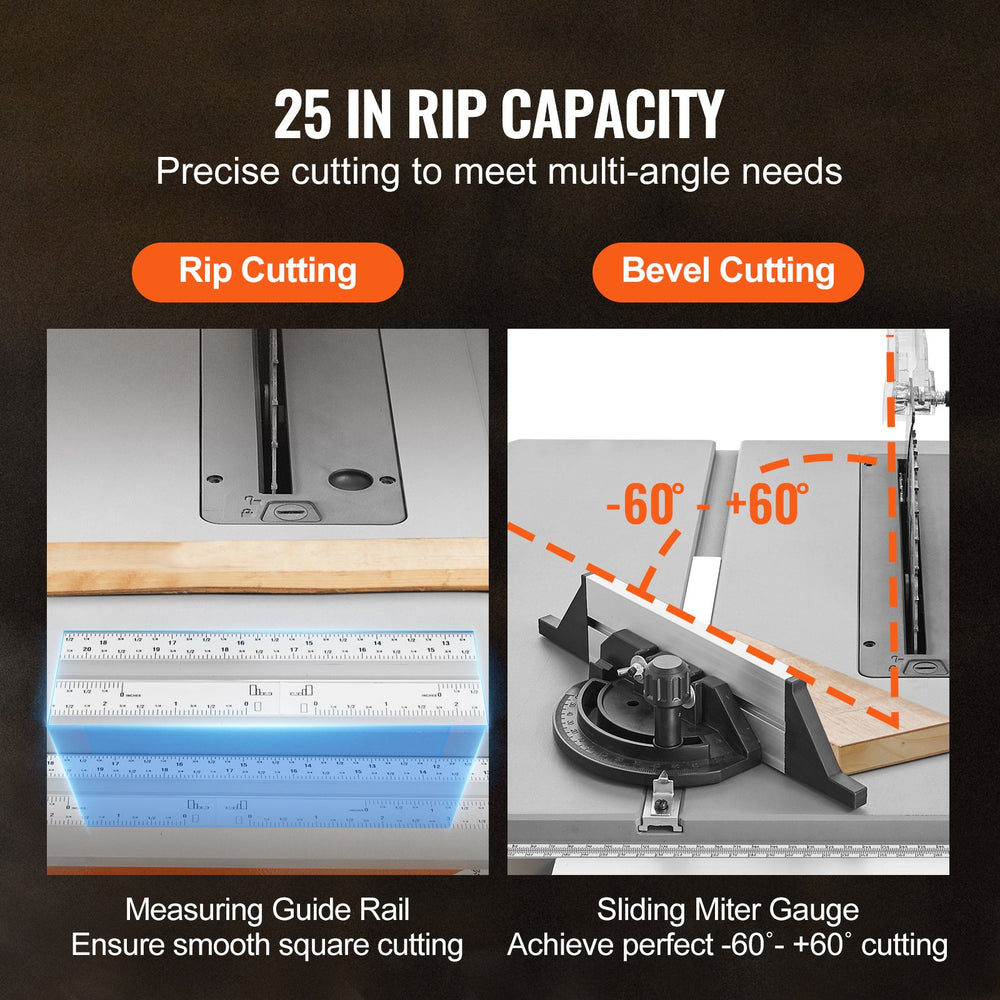VEVOR 25.4 cm Table Saw w/ Stand Electric Cutting Machine 4800RPM 63.5 cm Rip Capacity