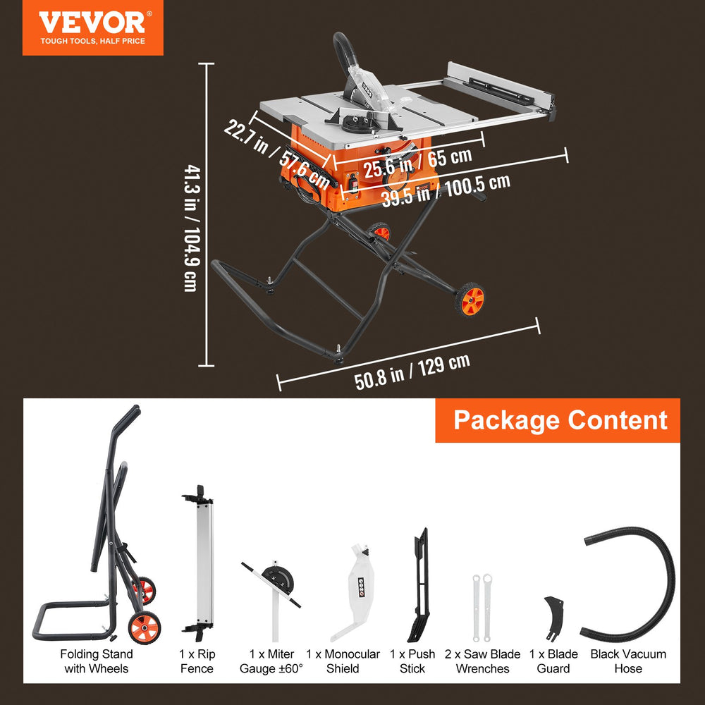 VEVOR 25.4 cm Table Saw w/ Stand Electric Cutting Machine 4800RPM 63.5 cm Rip Capacity