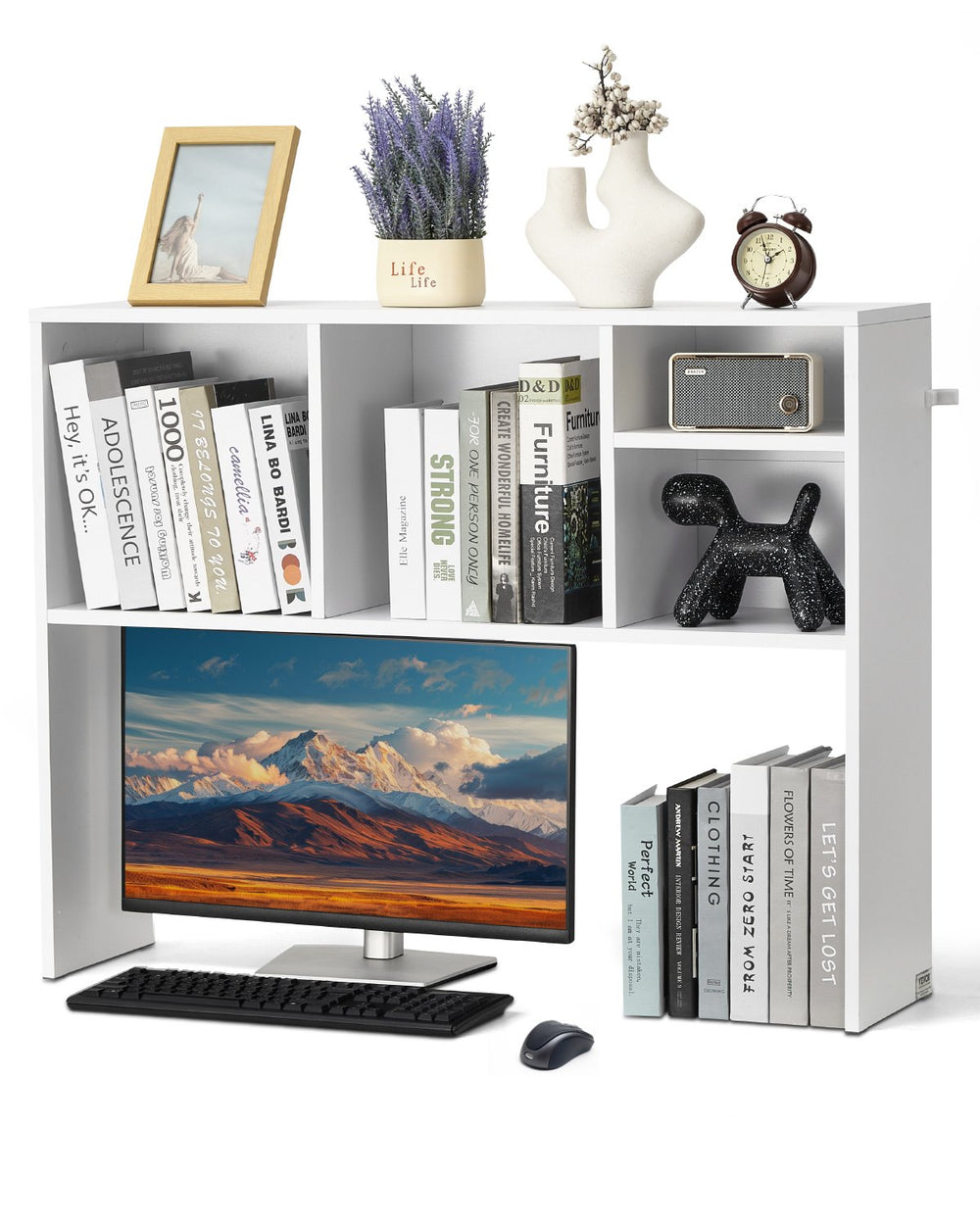 VEVOR Desktop Bookshelf, 1-Tier Desktop Storage Organizer, 37" x 9.4" x 28.7" Office Storage Rack Wood Display Shelf, Desktop Bookshelf Hutch with Anti-Slip Feet Pads, for Office, Home & Dorm, White
