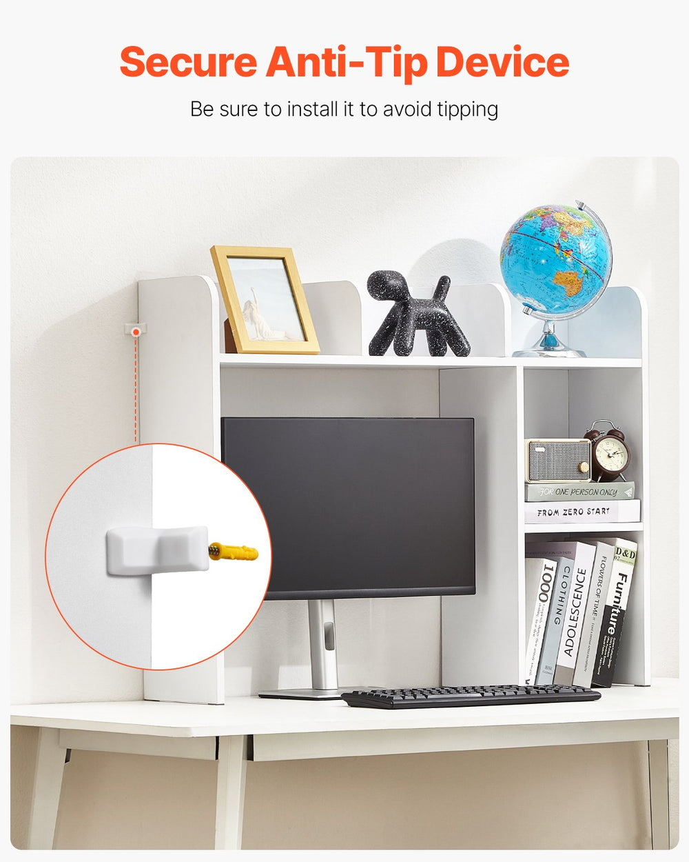 VEVOR Desktop Bookshelf, 2-Tier Desktop Storage Organizer, 37.2" x 9.5" x 28.9" Office Storage Rack Wood Display Shelf, Desktop Bookshelf Hutch with Anti-Slip Feet Pads, for Office, Home & Dorm, White