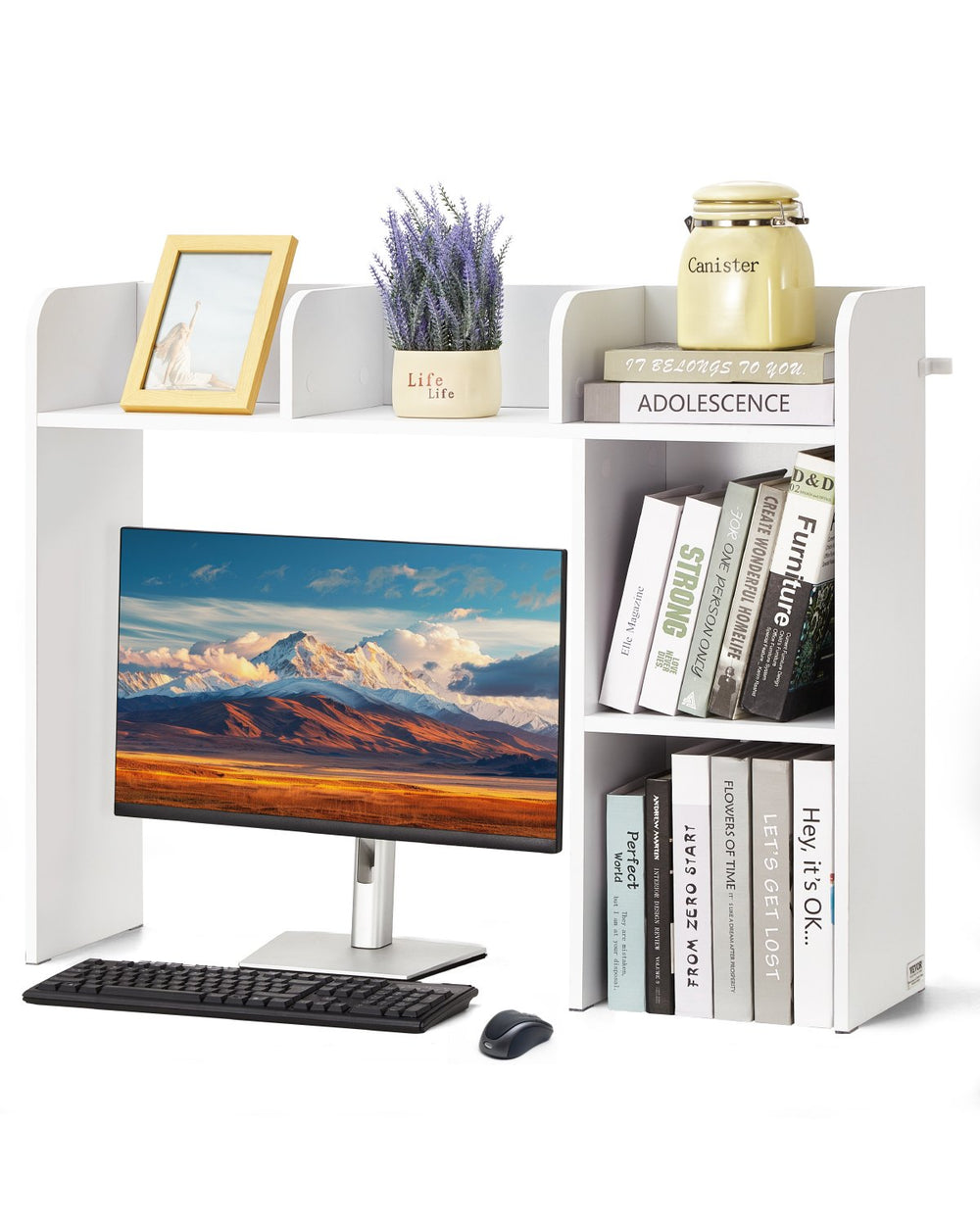 VEVOR Desktop Bookshelf, 2-Tier Desktop Storage Organizer, 37.2" x 9.5" x 28.9" Office Storage Rack Wood Display Shelf, Desktop Bookshelf Hutch with Anti-Slip Feet Pads, for Office, Home & Dorm, White