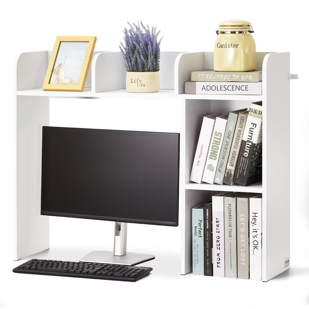 VEVOR Desktop Bookshelf, 2-Tier Desktop Storage Organizer, 37.2" x 9.5" x 28.9" Office Storage Rack Wood Display Shelf, Desktop Bookshelf Hutch with Anti-Slip Feet Pads, for Office, Home & Dorm, White