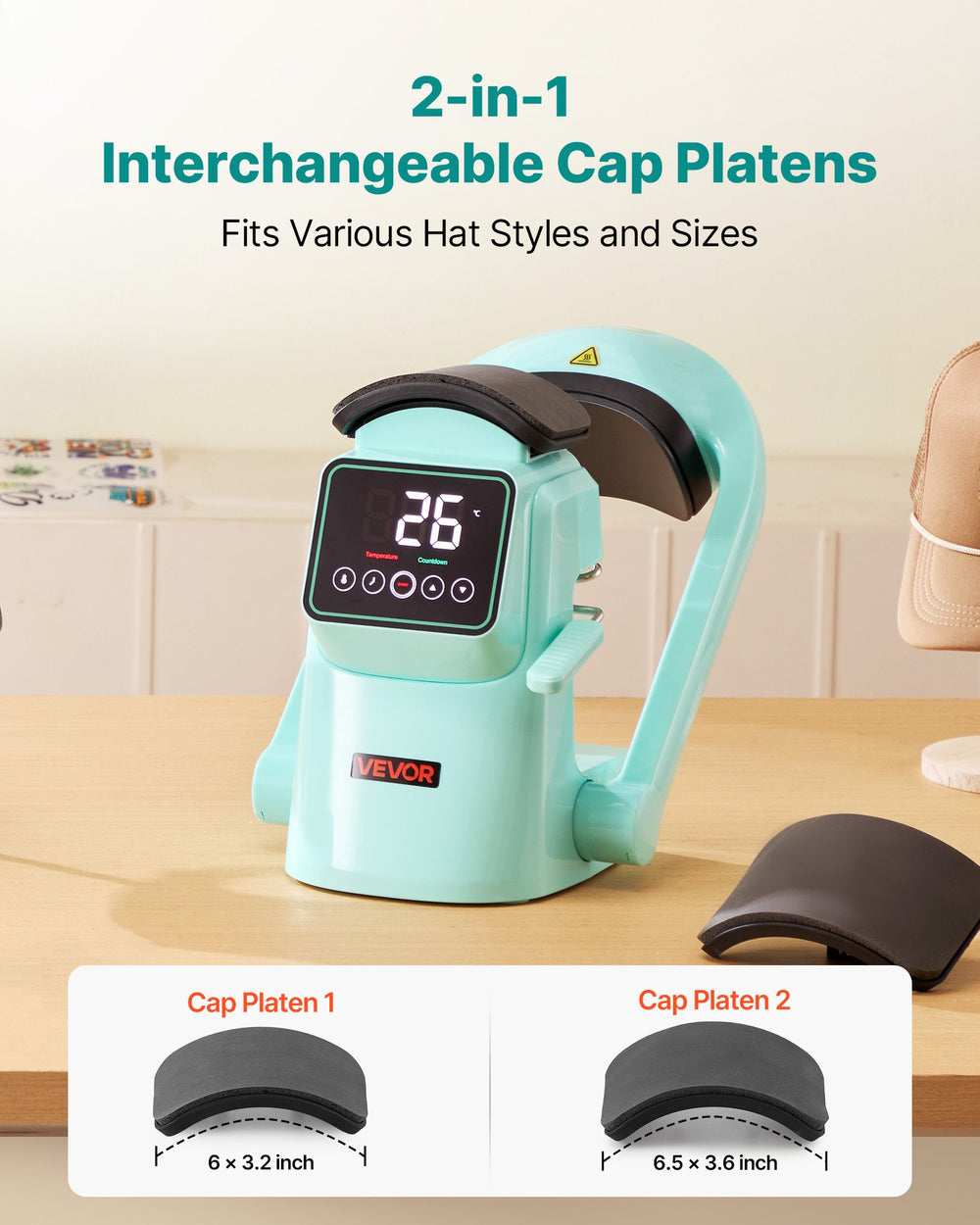 VEVOR Auto Hat Heat Press Machine, with 2pcs Interchangeable Platens, Automatic Open and Release, Touchscreen for Precise Time and Temperature Control, Heat Transfer Printing for Caps, Hats, Green