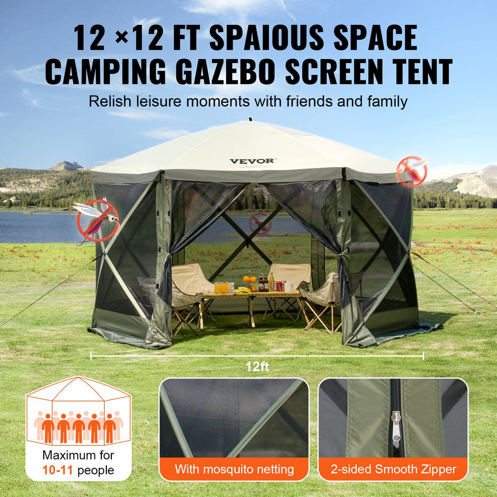 VEVOR Pop Up Gazebo Tent, Pop-Up Screen Tent 6 Sided Canopy Sun Shelter with 6 Removable Privacy Wind Cloths & Mesh Windows, 12x12FT Quick Set Screen Tent with Mosquito Netting, Army Green