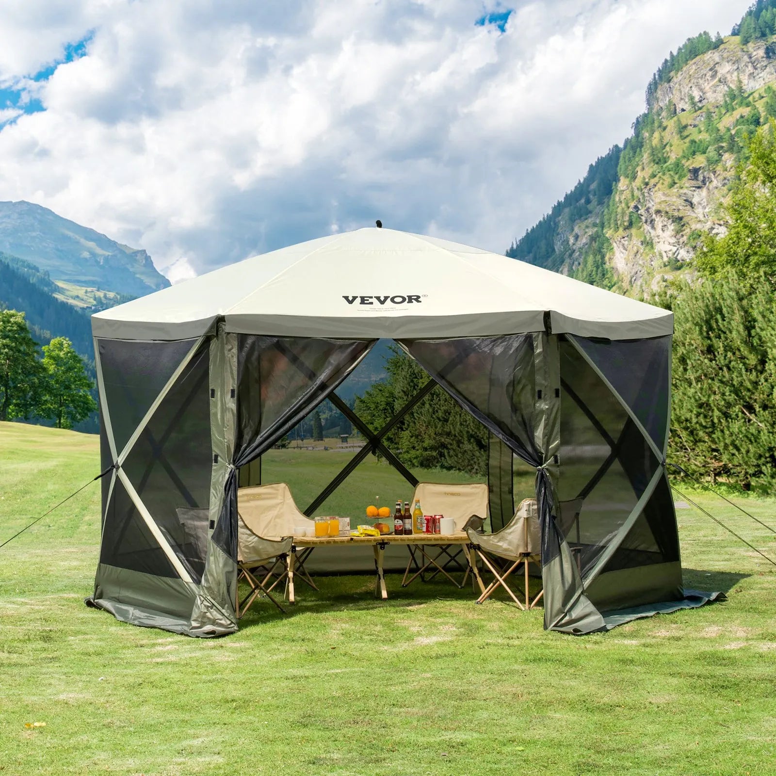 VEVOR Pop Up Gazebo Tent, Pop-Up Screen Tent 6 Sided Canopy Sun Shelter with 6 Removable Privacy Wind Cloths & Mesh Windows, 12x12FT Quick Set Screen Tent with Mosquito Netting, Army Green