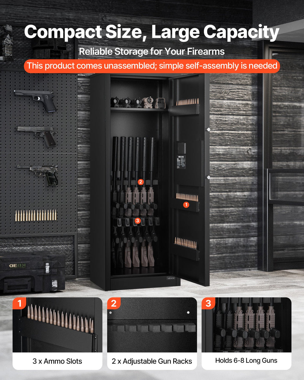 VEVOR 4 Gun Safe, Long Gun Cabinet for Rifles and Pistols, Quick Access Rifle Safe with 3 Ammo Slots and 2 Adjustable Racks, Large Digital Cabinet with Key and Password Lock(Assembly Required)