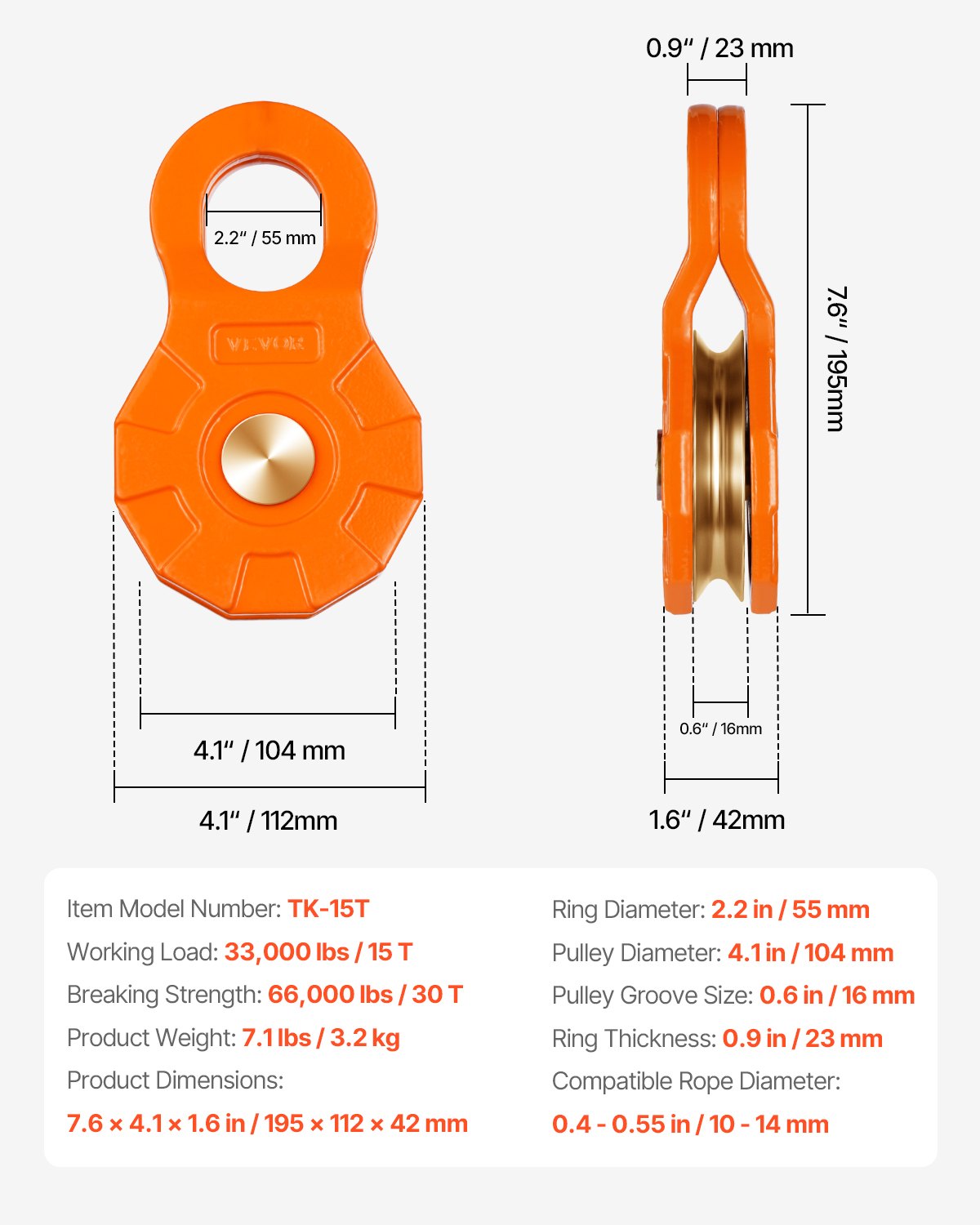 VEVOR 30 T Snatch Block for Winch Recovery, 66,000 lbs Break Strength Pulley System with 0.4" - 0.55" Rope, Heavy Duty Offroad Recovery Accessory for Towing & Recovery on Truck, Tractor, ATV & UTV