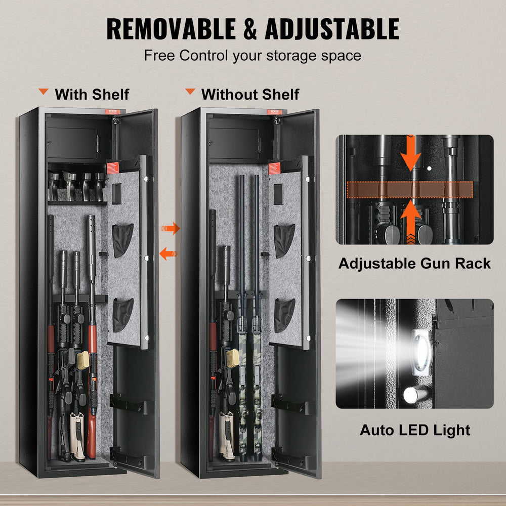 VEVOR 5 Rifles Gun Safe, Rifle Safe with Fingerprint & Digital Lock, Gun Storage Cabinet with Built-in Storage Locker, Removable Storage Shelf for Home Long Gun and Pistols