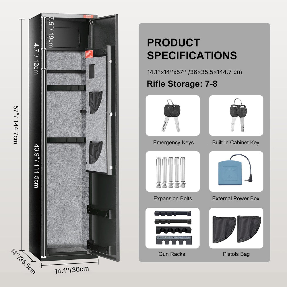 VEVOR 5 Rifles Gun Safe, Rifle Safe with Fingerprint & Digital Lock, Gun Storage Cabinet with Built-in Storage Locker, Removable Storage Shelf for Home Long Gun and Pistols