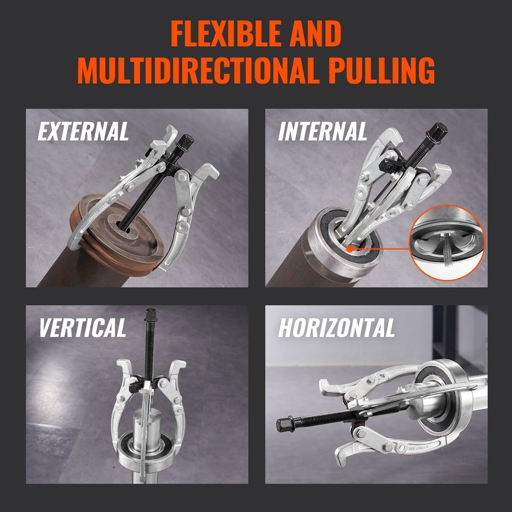 VEVOR Gear Puller Set, 76.2 mm 101.6 mm 152.4 mm 203.2 mm Puller Kit, 3 Jaw Gear Bearing Flywheel Pulley Removal Tool, 2 or 3 Reversible Jaws Wheel Puller, Vertically and Horizontally, External and Internal, 4-Piece