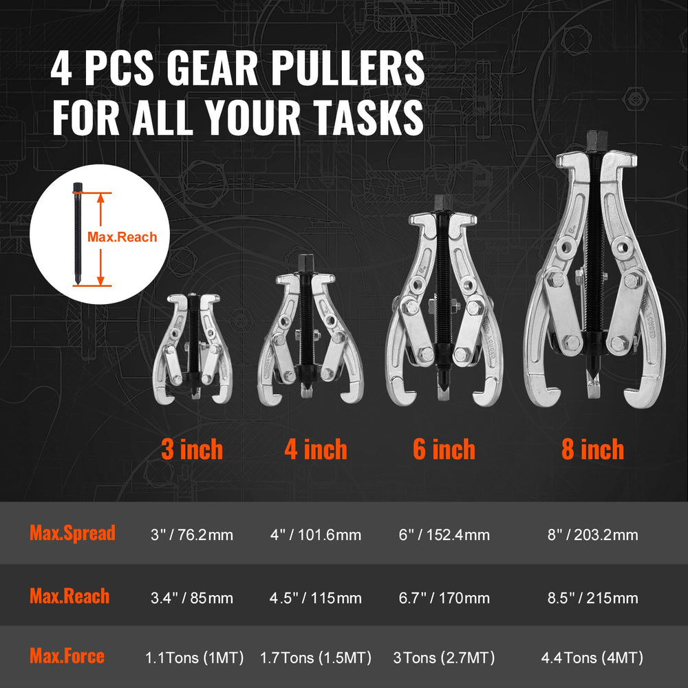 VEVOR Gear Puller Set, 76.2 mm 101.6 mm 152.4 mm 203.2 mm Puller Kit, 3 Jaw Gear Bearing Flywheel Pulley Removal Tool, 2 or 3 Reversible Jaws Wheel Puller, Vertically and Horizontally, External and Internal, 4-Piece