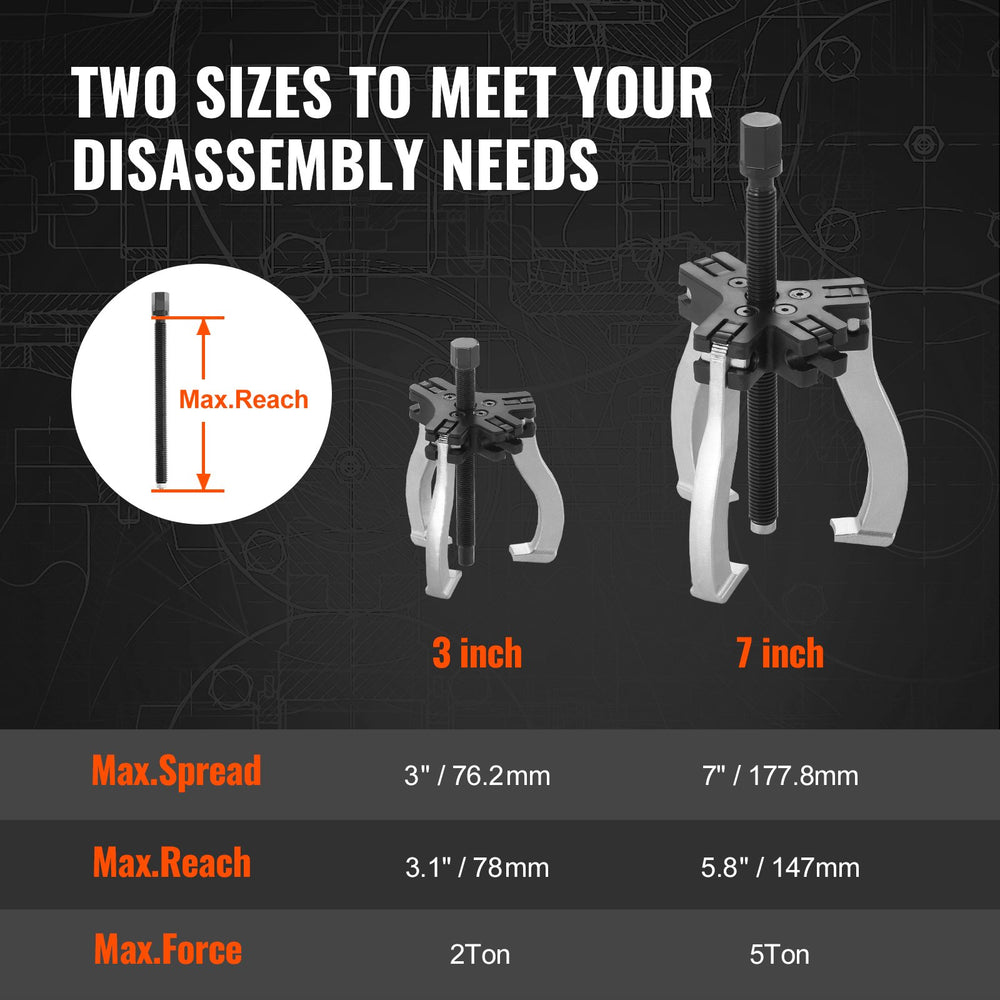 VEVOR Gear Puller Set, 7.6 cm and 17.8 cm Puller Kit, 3 Jaw Gear Bearing Flywheel Pulley Removal Tool, 2 or 3 Reversible Jaws Wheel Puller, Vertically and Horizontally, External and Internal, 2-Piece