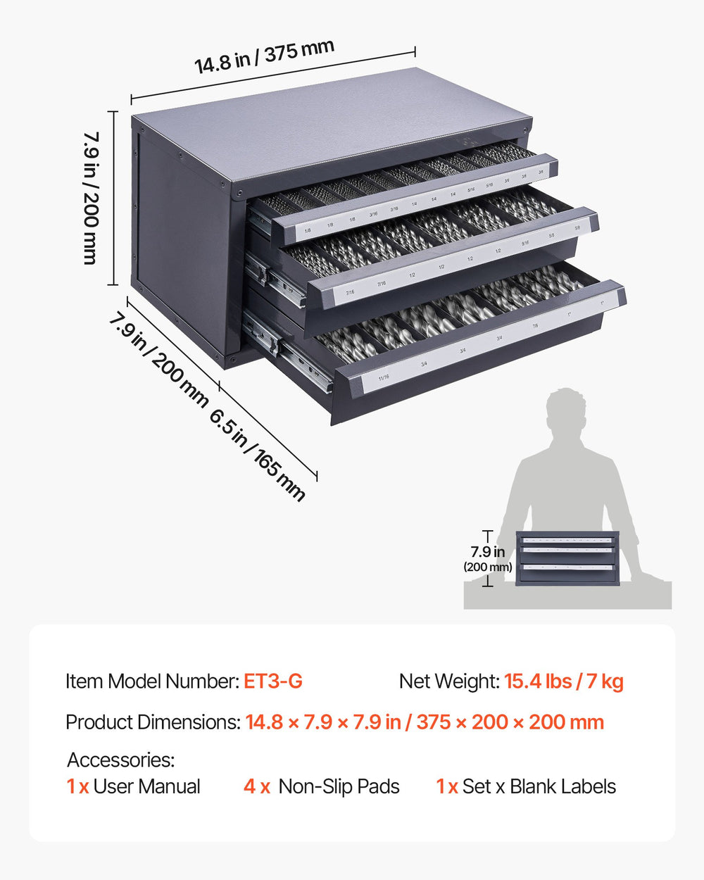 VEVOR End Mill Dispenser Cabinet, Three-Drawer End Mill Organizer Cabinet for 1/8" to 1", Steel End Mill Dispenser Organizer Cabinet with Labels, 29-Compartment Stackable for End Mill Storage