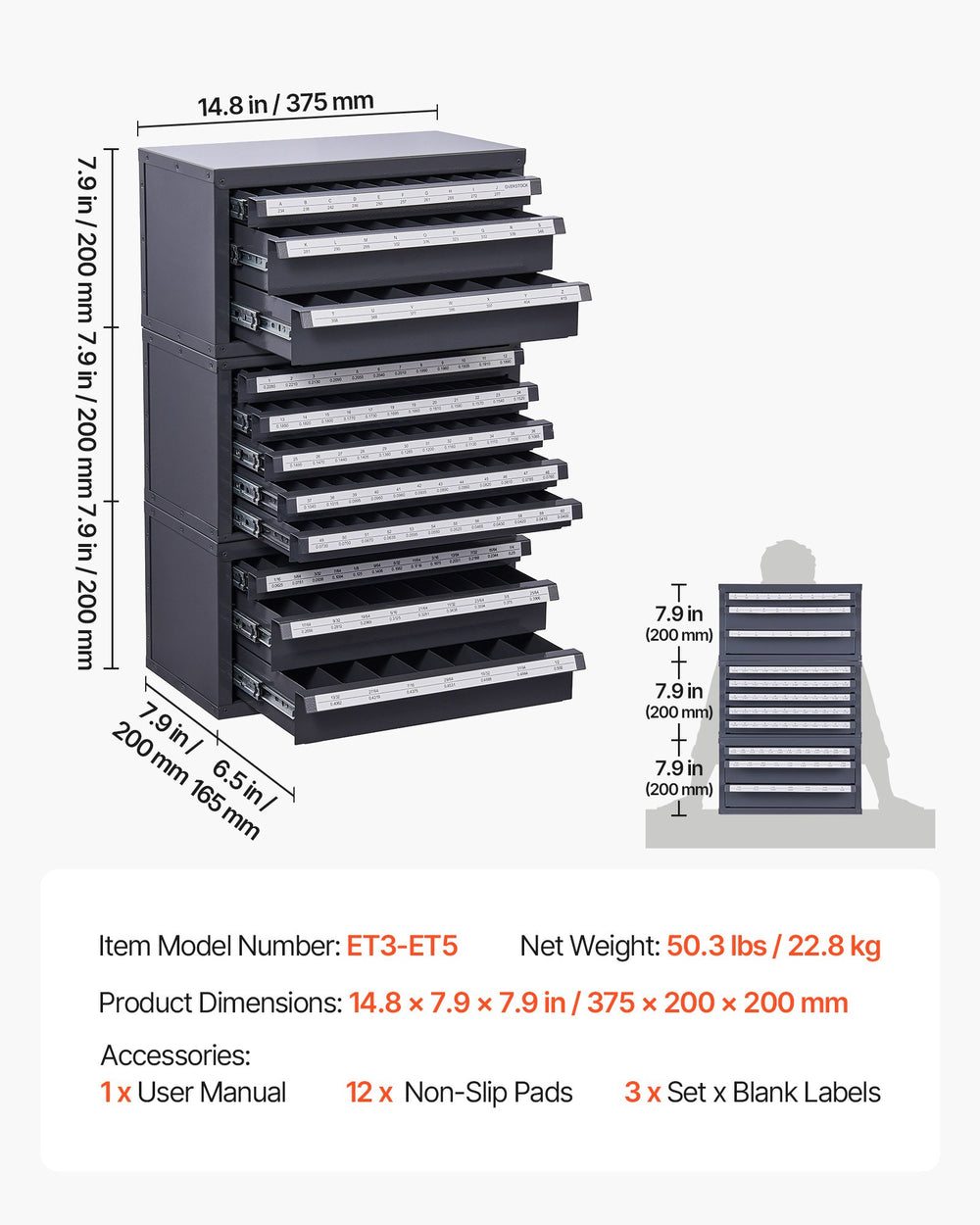 VEVOR Drill Bit Dispenser Cabinet, 3 Pieces Three-Drawer for Letter Sizes A to Z, Five-Drawer Drill Bit Organizer for Wire Gauge Sizes #1 to #60, Stackable for Drill Bit Storage