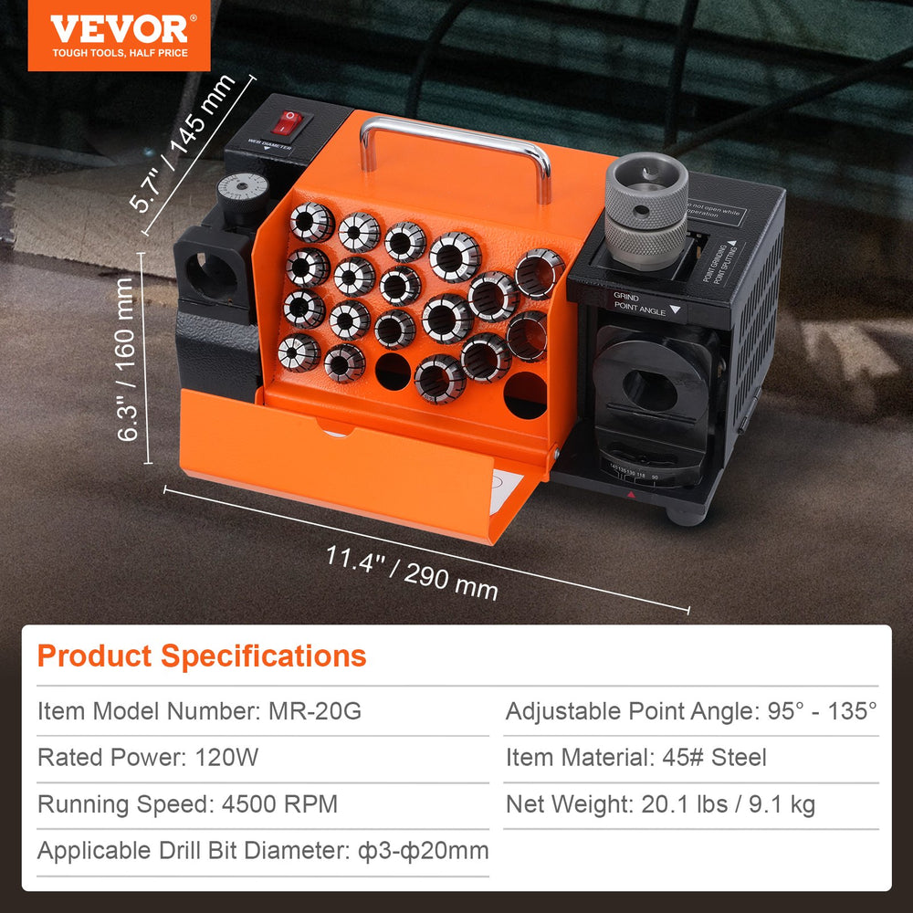VEVOR MR-20G Drill Bits Sharpener 3-20mm Bits Grinder Sharpener with 18 Collets