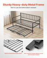 VEVOR Twin Size Daybed Frame, Height Adjustable Day Bed with Trundle, Heavy Duty Metal Platform Bed Frame with LED Light and Charging Station, Twin Daybed with Metal Slats for Living Room, Bedroom