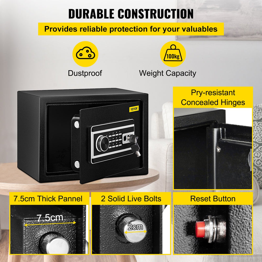 VEVOR Safe Box, 0.0227 m³ Money Safe with Fingerprint Lock and Digital Keypad Lock, Fireproof Home Safe with 2 Keys, Wall-Mounted Security Safe for Cash, Watch, Jewelry, Passport, Document Black