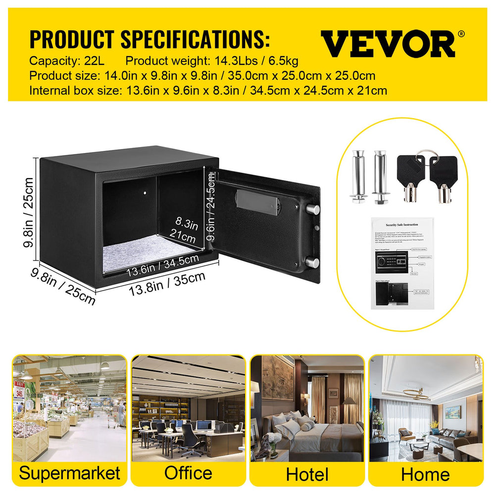 VEVOR Safe Box, 0.0227 m³ Money Safe with Fingerprint Lock and Digital Keypad Lock, Fireproof Home Safe with 2 Keys, Wall-Mounted Security Safe for Cash, Watch, Jewelry, Passport, Document Black