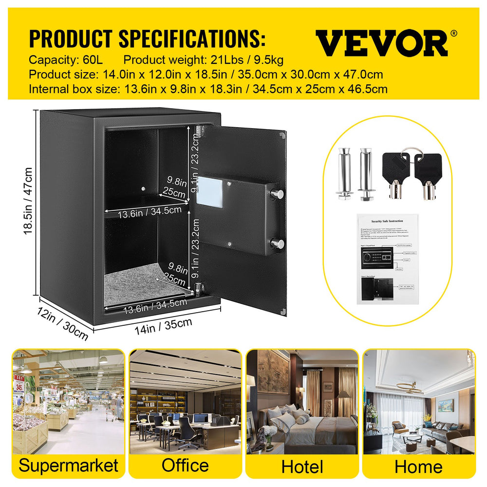 VEVOR Safe Box, 60 L Money Safe with Fingerprint Lock and Digital Keypad, Fireproof Home Safes with A Removable Shelf, Wall-Mounted Security Safe for Cash, Watch, Passport, Document, Black