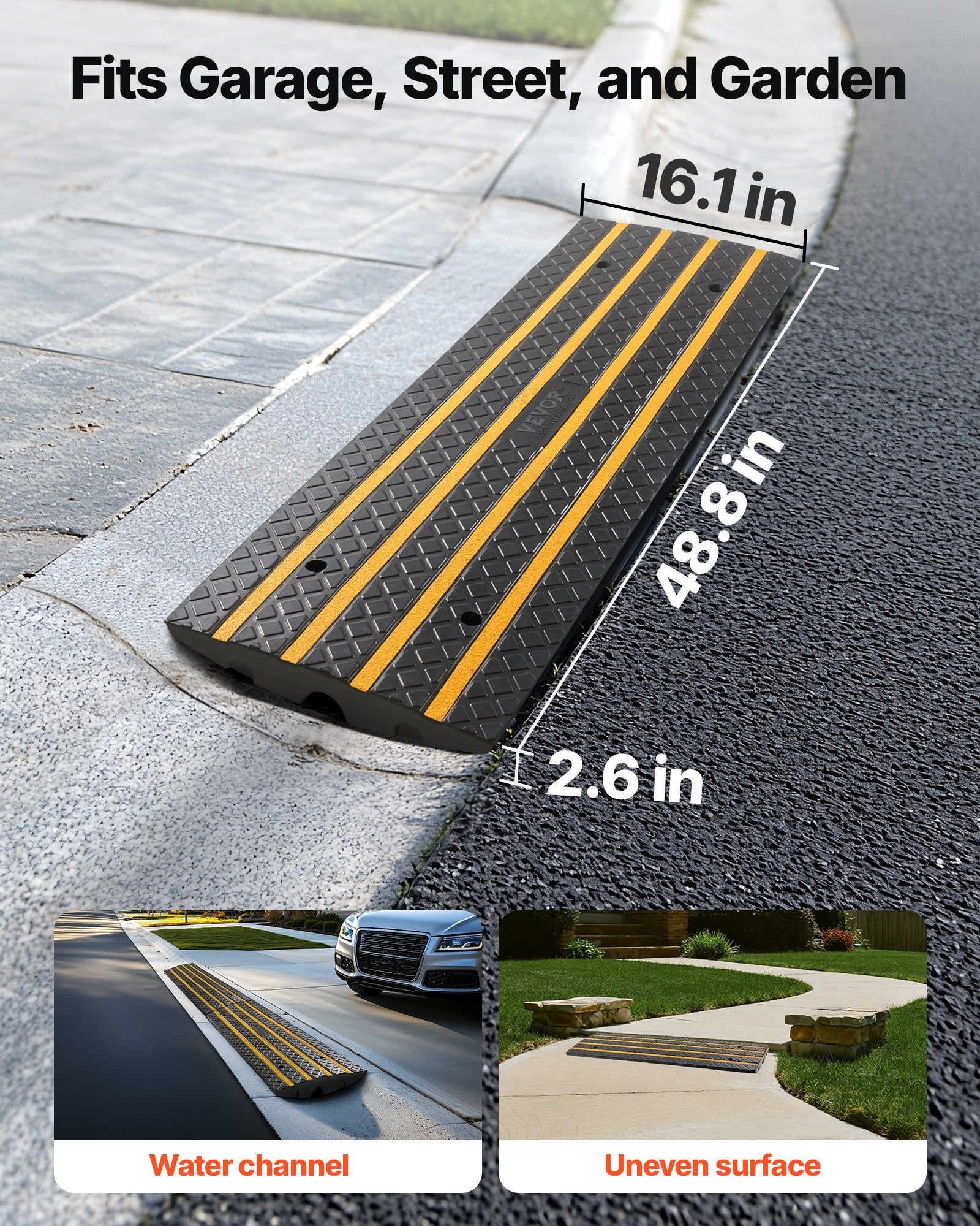 VEVOR Car Driveway Rubber Curb Ramp, 15 Tons Load Capacity, 66 mm Rise Curbside Bridge Ramp with Yellow Reflective Strips, Suitable for Loading Dock, Warehouse, Garage, Sidewalk (1 Pack)