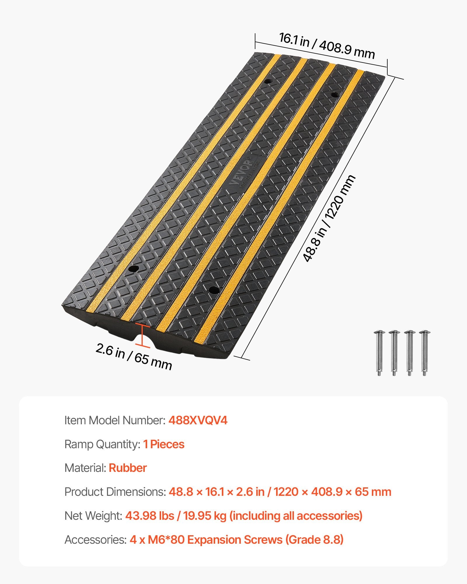VEVOR Car Driveway Rubber Curb Ramp, 15 Tons Load Capacity, 66 mm Rise Curbside Bridge Ramp with Yellow Reflective Strips, Suitable for Loading Dock, Warehouse, Garage, Sidewalk (1 Pack)