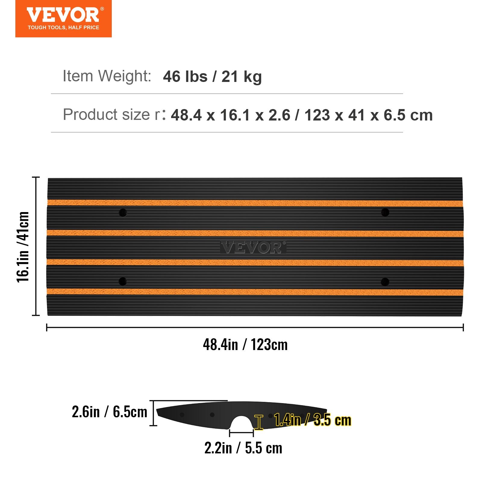 VEVOR Curb Ramp, 2.6" Rise Rubber Driveway Ramps, Heavy Duty 33069 lbs Weight Capacity Threshold Ramp, Curbside Bridge Ramps for Loading Dock Garage Sidewalk, Expandable Full Ramp Set