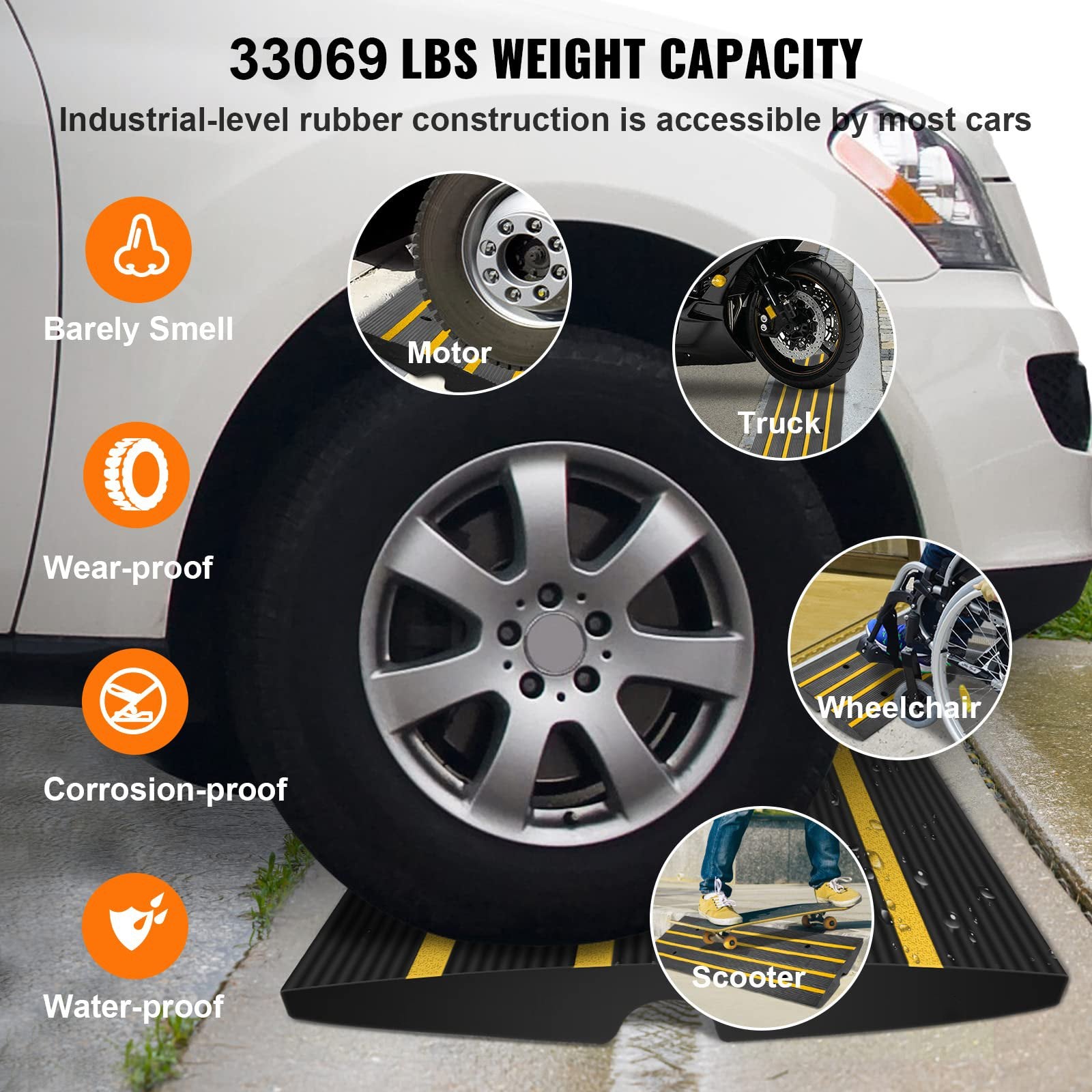 VEVOR Curb Ramp, 2 Pack, 2.6" Rise, Rubber Driveway Ramps, Heavy Duty 33069 lbs Weight Capacity Threshold Ramp, Curbside Bridge Ramps for Loading Dock Garage Sidewalk, Expandable Full Ramp Set